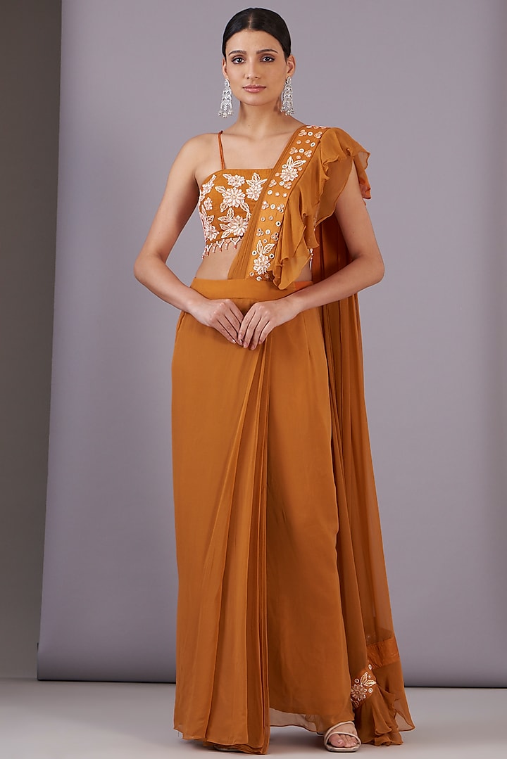 Rust Georgette Mirror Embroidered Draped Saree Set by NITISHA KASHYAP ...