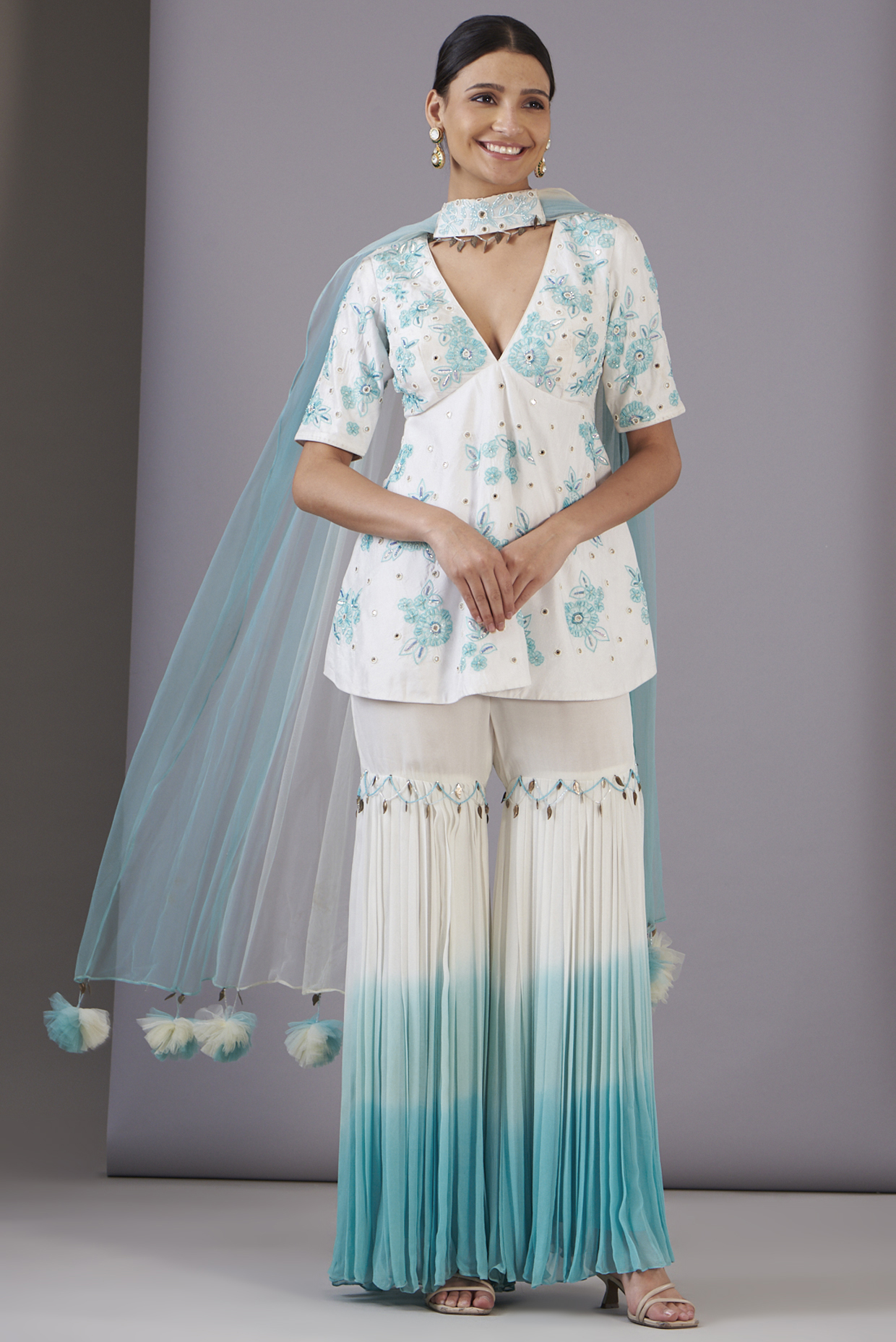 Blue & White Ombre Georgette Gharara Set by NITISHA  KASHYAP at Pernia's Pop Up Shop