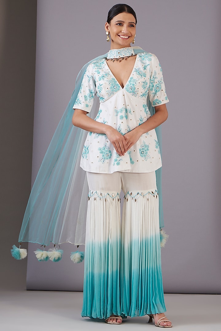Blue & White Ombre Georgette Gharara Set by NITISHA  KASHYAP at Pernia's Pop Up Shop