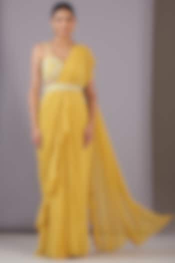 Yellow Georgette Draped Saree Set by NITISHA  KASHYAP