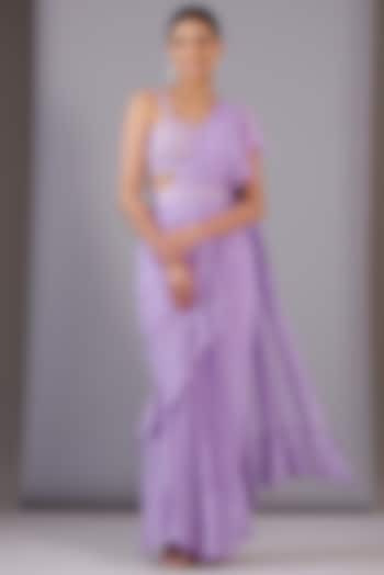 Lilac Georgette Drape Frilled Saree Set by NITISHA  KASHYAP