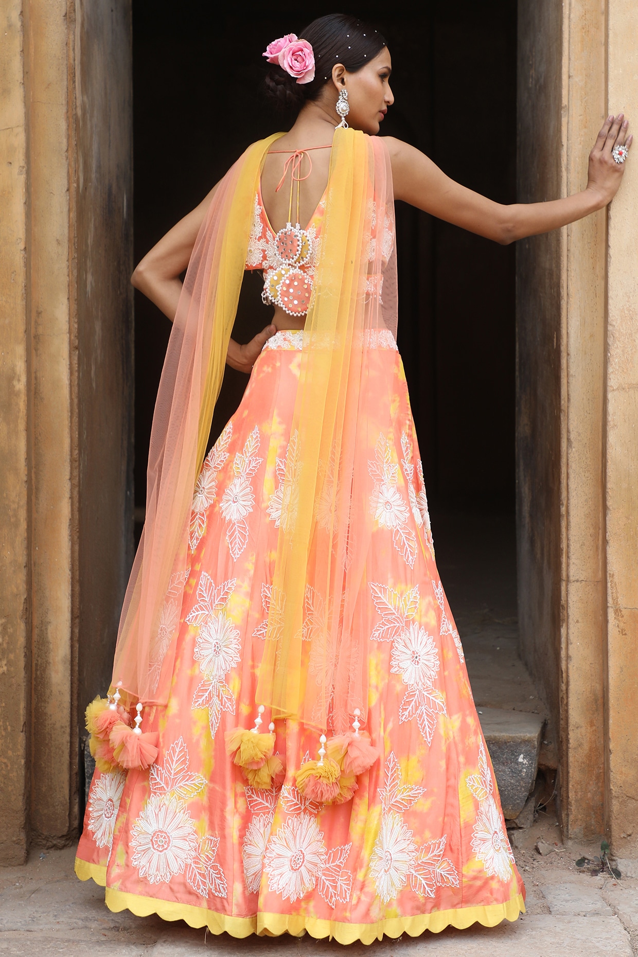 Women's Double Layered Peach Floral Lehenga Set | Aditi Gupta