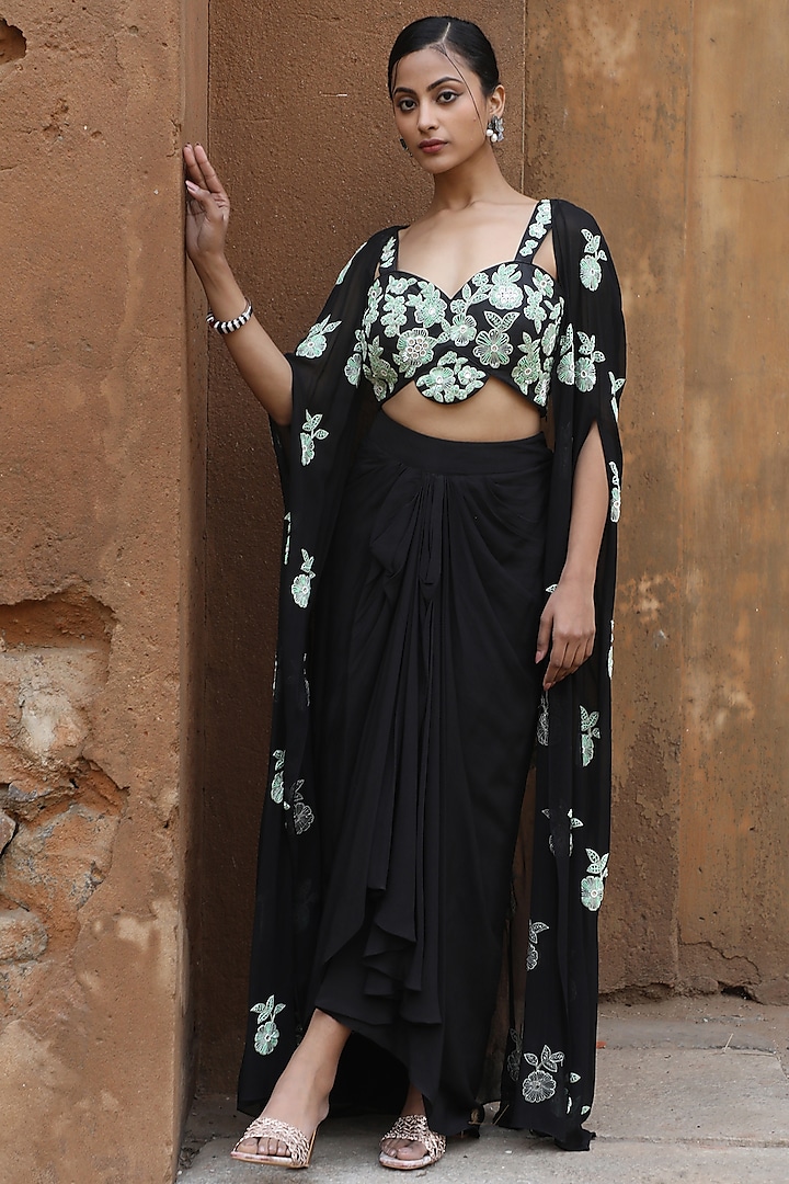 Black Uppada Silk & Georgette Draped Skirt Set by NITISHA  KASHYAP