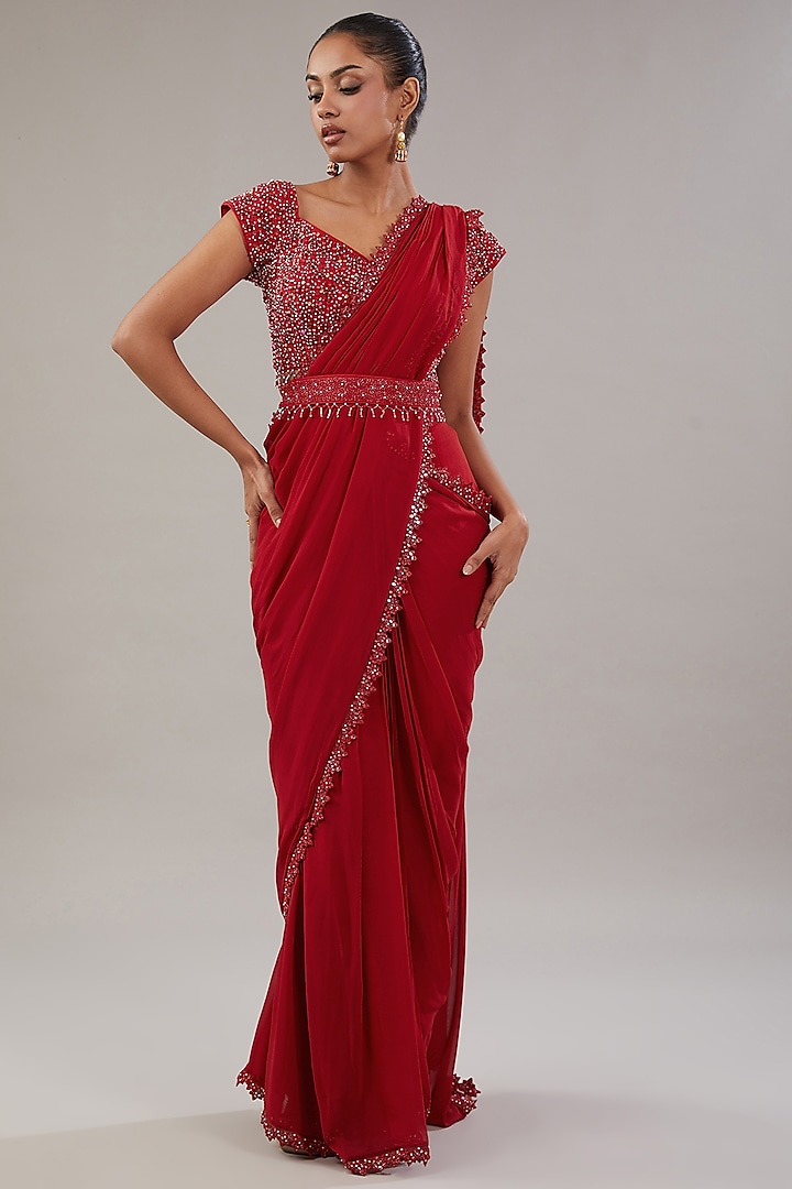 Red Georgette Mirror & Sequins Embroidered Draped Saree Set by NITISHA  KASHYAP