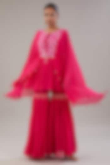 Fuchsia Pink Georgette Bead & Resham Embroidered Gharara Set by NITISHA  KASHYAP