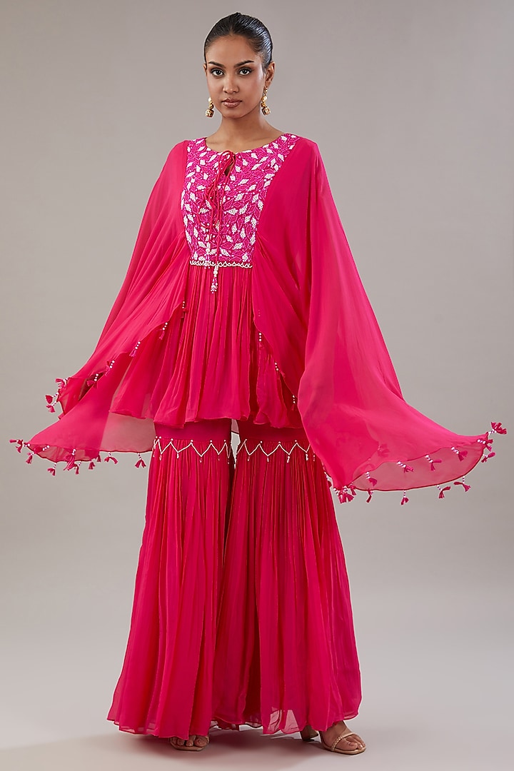 Fuchsia Pink Georgette Bead & Resham Embroidered Gharara Set by NITISHA  KASHYAP