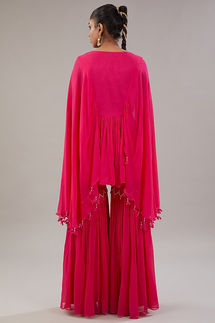 Fuchsia Pink Georgette Bead & Resham Embroidered Gharara Set by NITISHA KASHYAP at Pernia's Pop Up Shop
