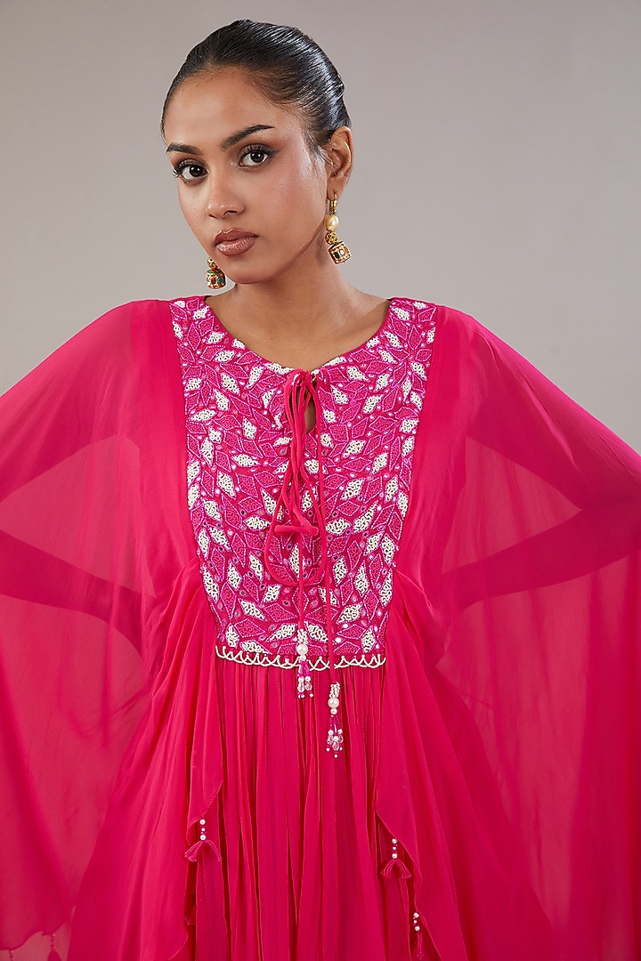 Fuchsia Pink Georgette Bead & Resham Embroidered Gharara Set by NITISHA KASHYAP at Pernia's Pop Up Shop