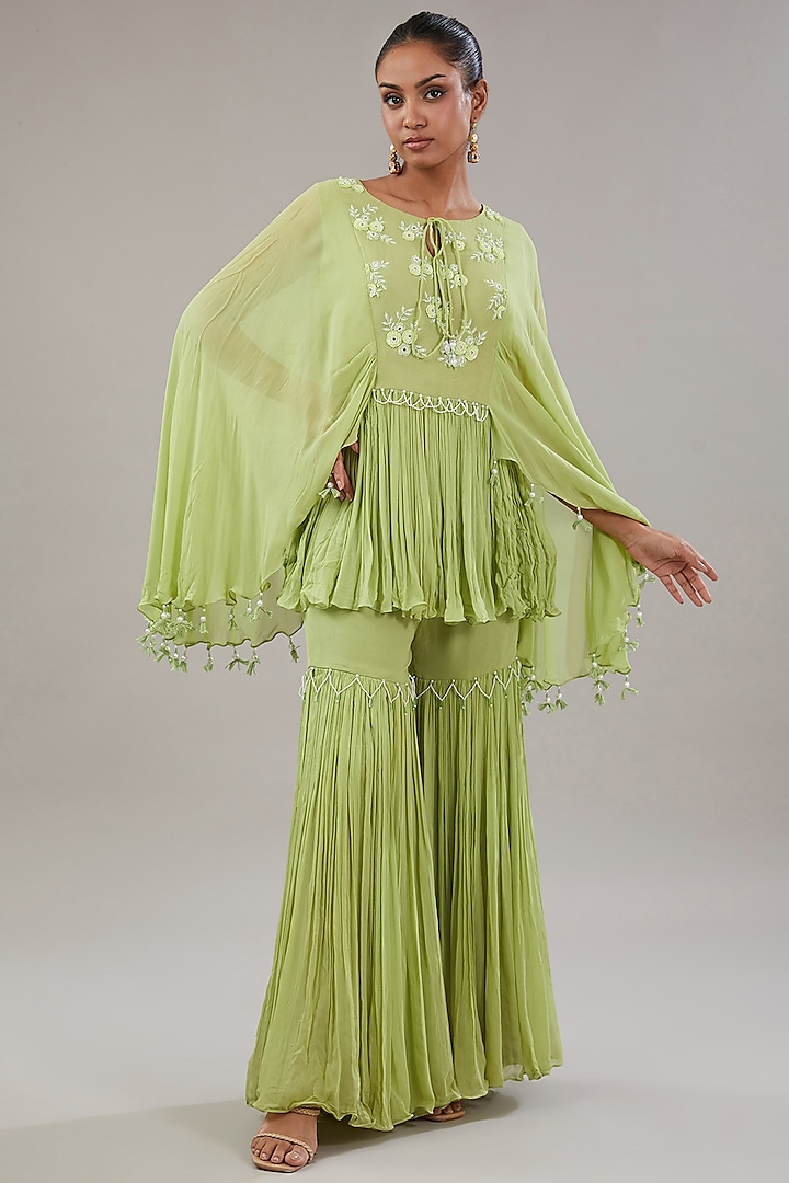 Green Georgette Bead & Resham Embroidered Gharara Set by NITISHA  KASHYAP
