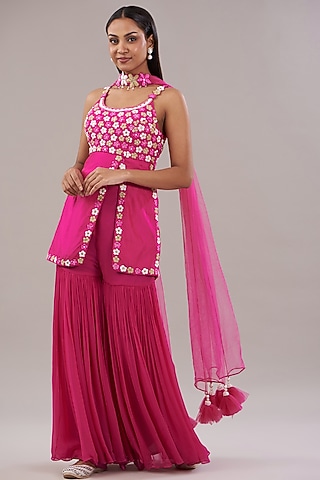 Fuchsia Pink Georgette Gharara Set by NITISHA  KASHYAP