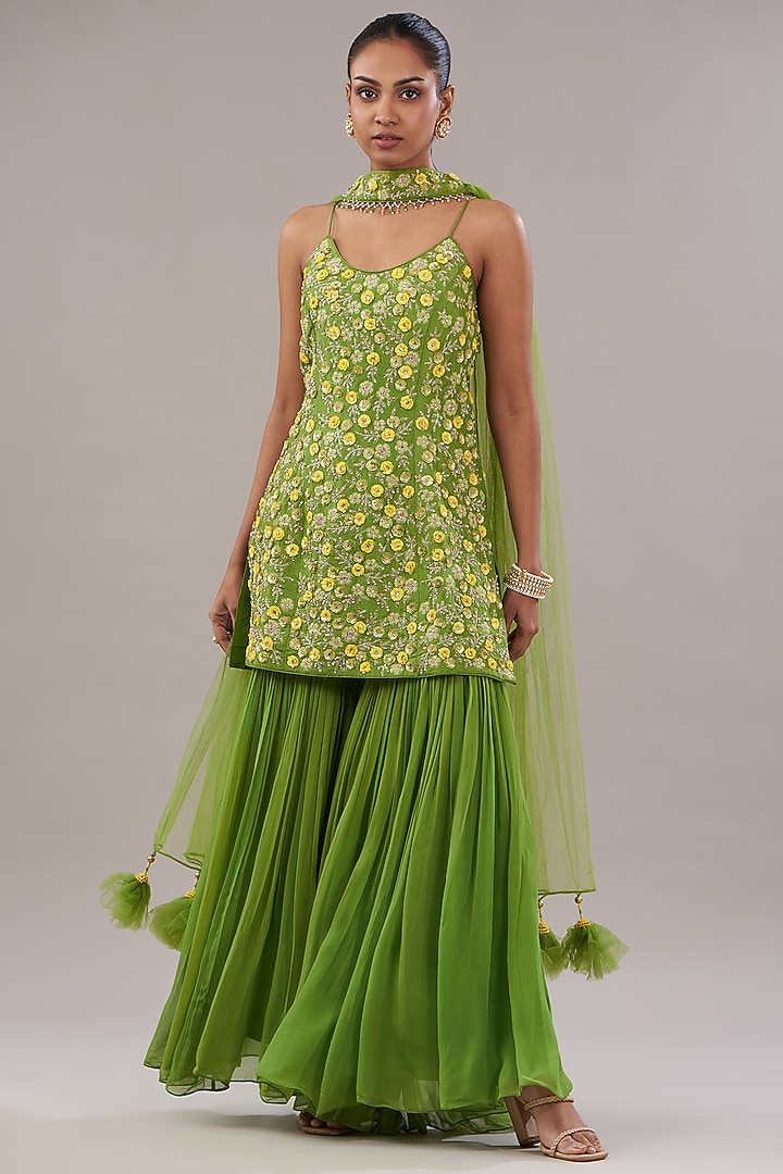 Green Georgette Gharara Set by NITISHA KASHYAP at Pernia's Pop Up Shop