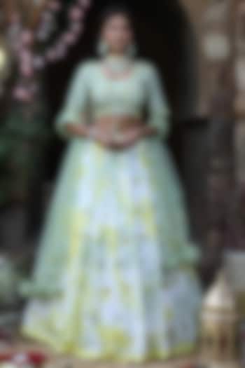 Olive Green & Yellow Silk Hand Embroidered Tie-Dye Wedding Lehenga Set by NITISHA  KASHYAP at Pernia's Pop Up Shop