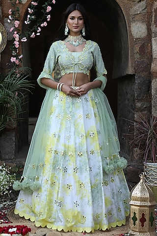 Olive Green & Yellow Silk Hand Embroidered Tie-Dye Lehenga Set by NITISHA  KASHYAP