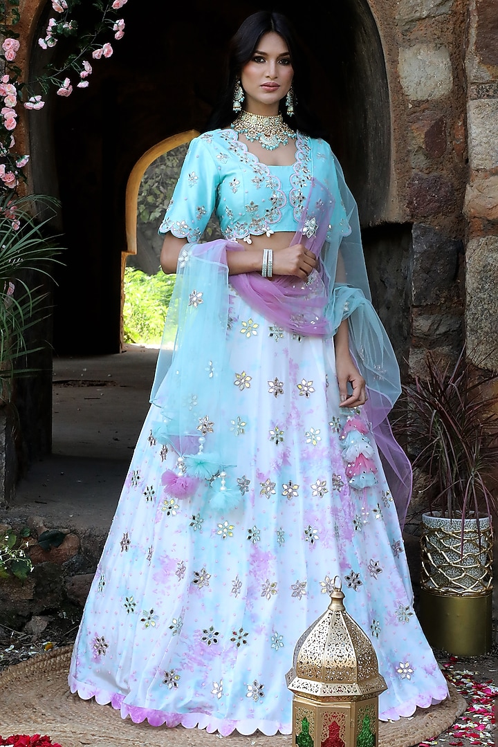 Lilac & Aqua Blue Silk Embroidered Tie-Dye Wedding Lehenga Set by NITISHA  KASHYAP at Pernia's Pop Up Shop