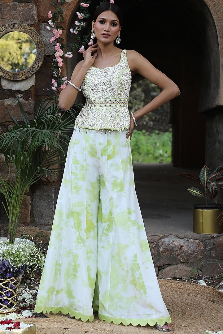 Off-White & Mint Silk Tie-Dye Wedding Sharara Set by NITISHA  KASHYAP at Pernia's Pop Up Shop