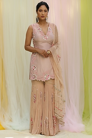Beige Soft Net & Georgette Gharara Set by Nikita