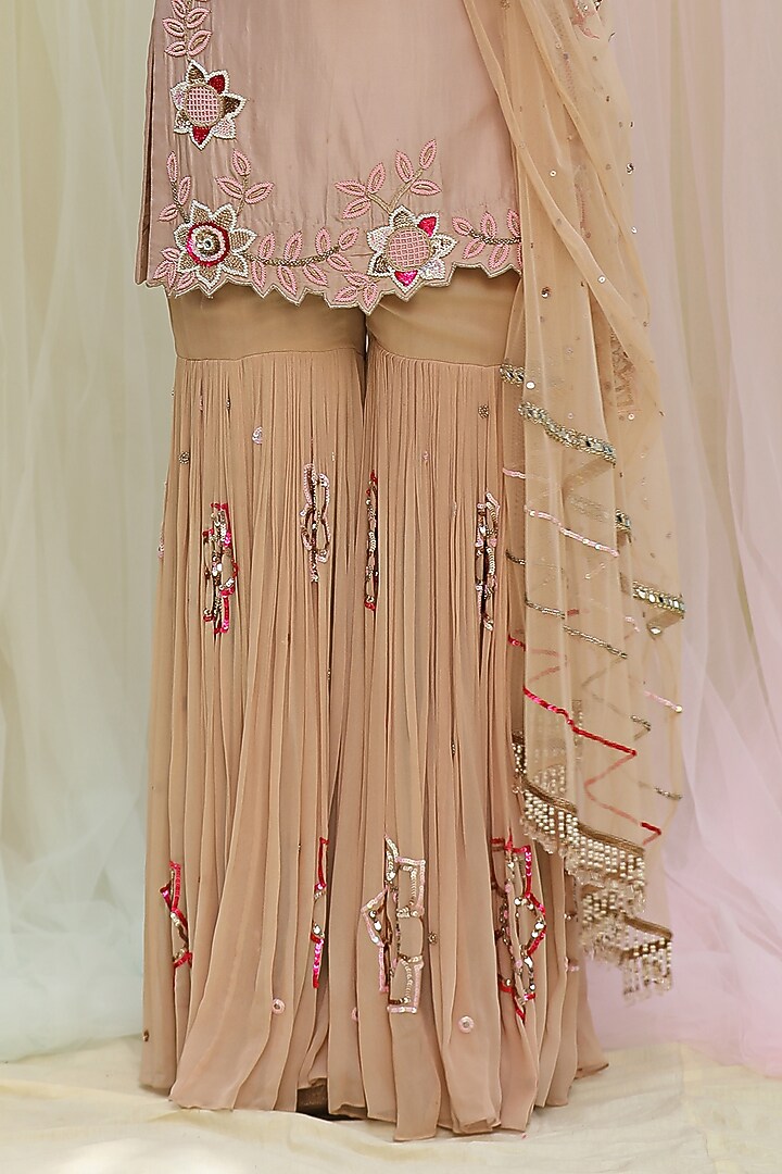 Beige Soft Net & Georgette Gharara Set by Nikita at Pernia's Pop Up Shop