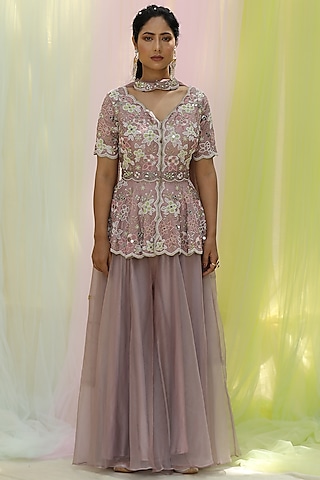 Mauve Upada & Soft Net Sharara Set by Nikita