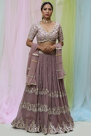 Mauve Raw Silk & Soft Net Embroidered Lehenga Set by Nikita