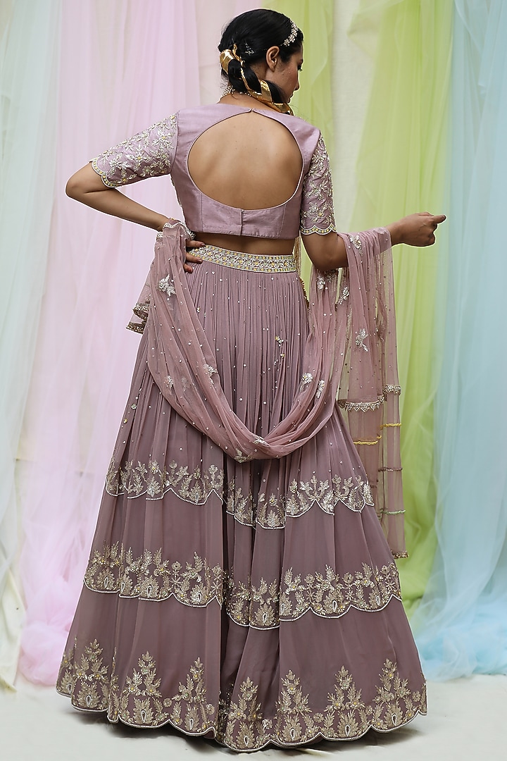 Mauve Raw Silk & Soft Net Embroidered Wedding Lehenga Set by Nikita at Pernia's Pop Up Shop
