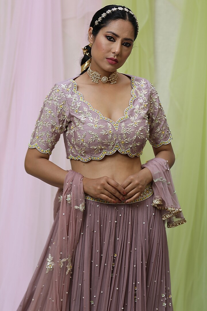 Mauve Raw Silk & Soft Net Embroidered Wedding Lehenga Set by Nikita at Pernia's Pop Up Shop