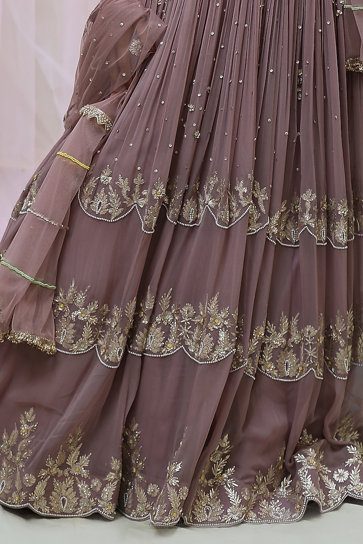 Mauve Raw Silk & Soft Net Embroidered Wedding Lehenga Set by Nikita at Pernia's Pop Up Shop