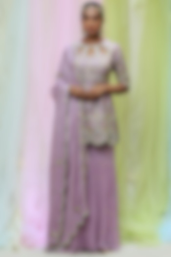 Mauve Raw Silk & Georgette Gharara Set by Nikita