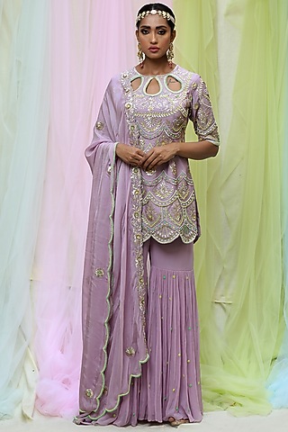 Mauve Raw Silk & Georgette Gharara Set by Nikita