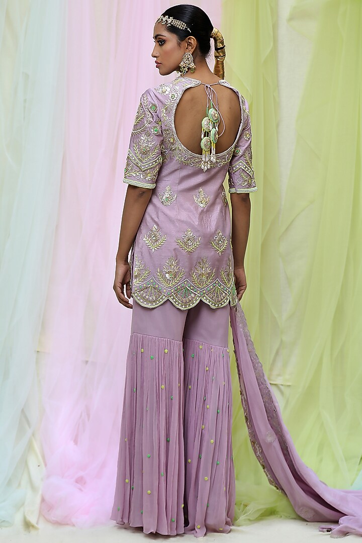 Mauve Raw Silk & Georgette Gharara Set by Nikita at Pernia's Pop Up Shop