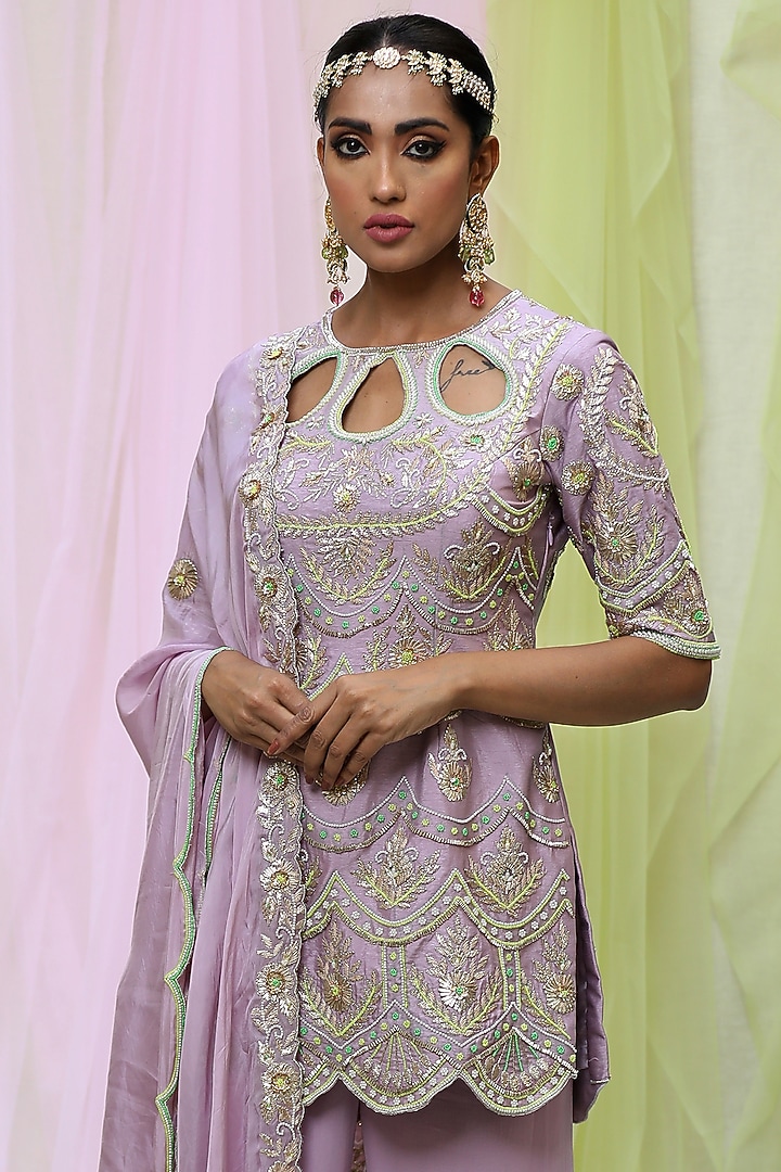 Mauve Raw Silk & Georgette Gharara Set by Nikita at Pernia's Pop Up Shop