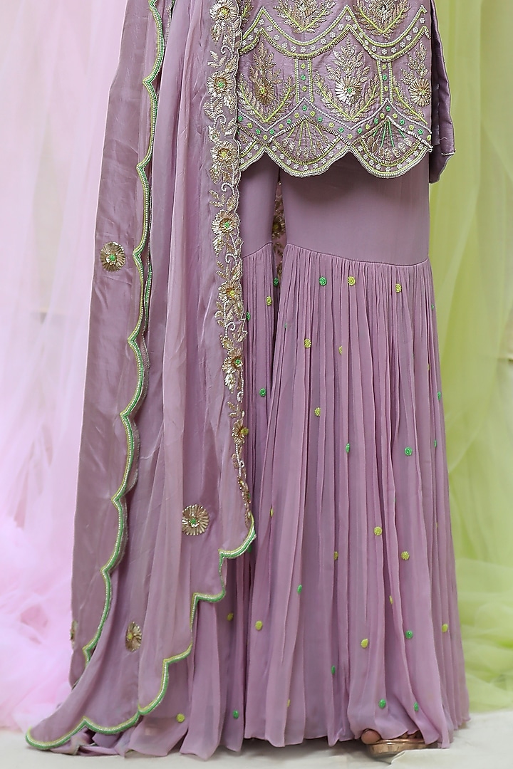 Mauve Raw Silk & Georgette Gharara Set by Nikita at Pernia's Pop Up Shop