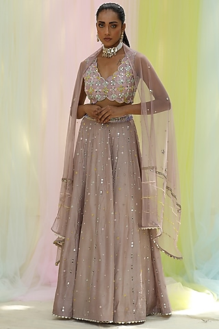 Mauve Upada & Soft Net Embroidered Lehenga Set by Nikita
