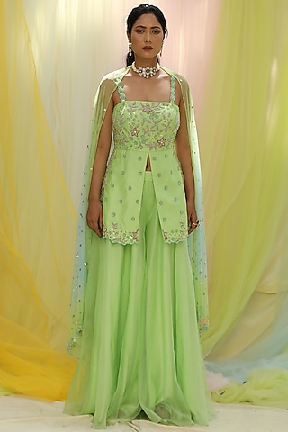 Green Soft Net & Raw Silk Sharara Set by Nikita