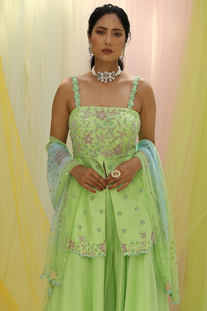 Green Soft Net & Raw Silk Wedding Sharara Set by Nikita at Pernia's Pop Up Shop