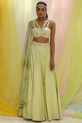 Green Soft Net & Raw Silk Embroidered Lehenga Set by Nikita