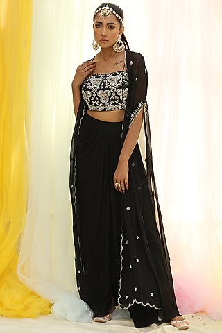 Black Georgette Draped Skirt Set by Nikita