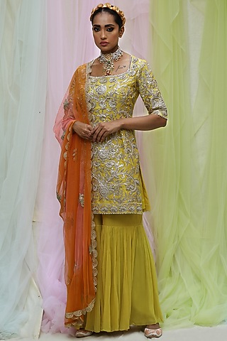 Yellow Georgette & Soft Net Gharara Set by Nikita