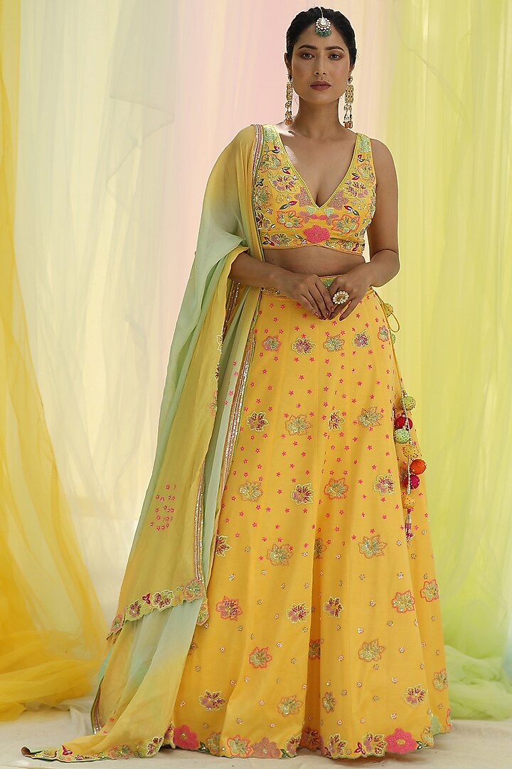 Yellow Raw Silk & Georgette Embroidered Lehenga Set Design by Nikita at ...