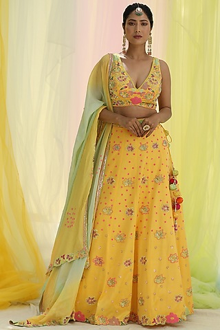 Yellow Raw Silk & Georgette Embroidered Lehenga Set by Nikita
