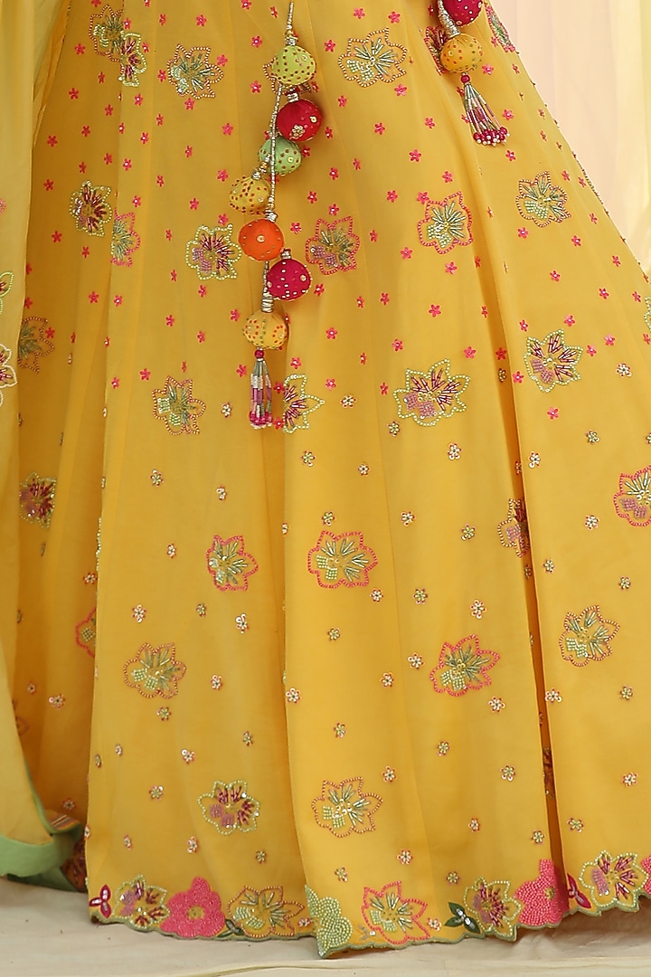 Yellow Raw Silk & Georgette Embroidered Wedding Lehenga Set by Nikita at Pernia's Pop Up Shop