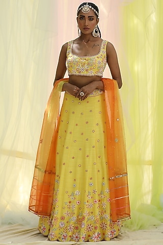 Yellow Raw Silk Embroidered Lehenga Set by Nikita