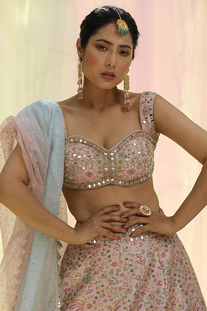 Rose Gold Upada Silk Printed Wedding Lehenga Set by Nikita at Pernia's Pop Up Shop