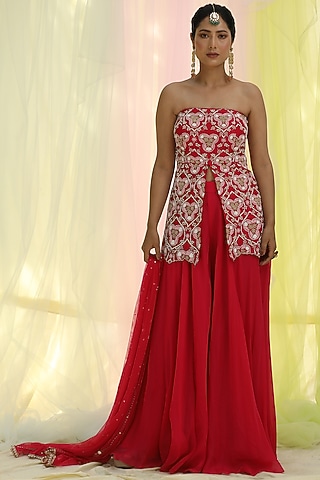 Fuchsia Upada & Flat Chiffon Sharara Set by Nikita