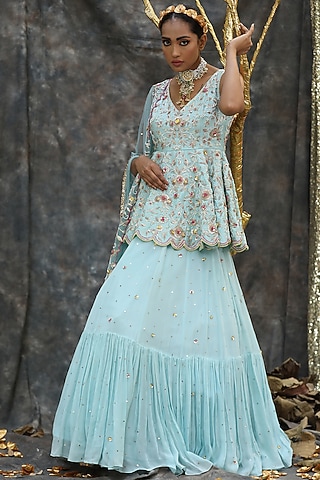Sky Blue Raw Silk & Georgette Lehenga Set by Nikita