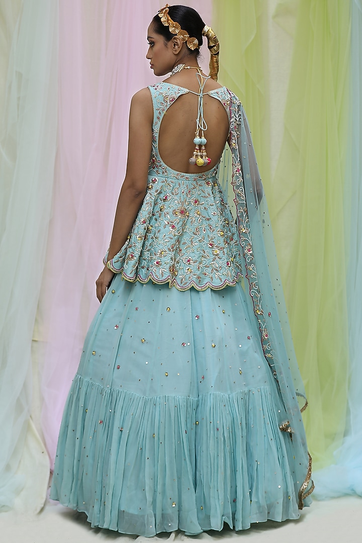 Sky Blue Raw Silk & Georgette Wedding Lehenga Set by Nikita at Pernia's Pop Up Shop