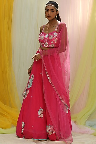 Hot Pink Raw Silk & Georgette Embroidered Lehenga Set by Nikita