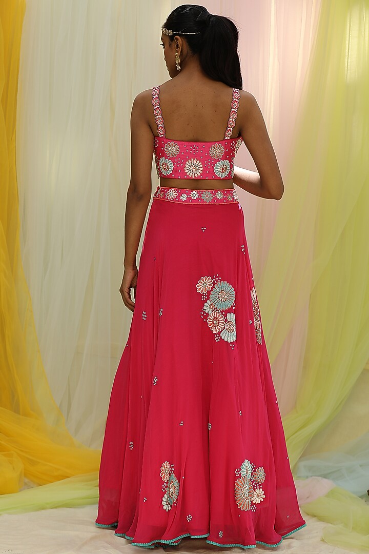 Hot Pink Raw Silk & Georgette Embroidered Wedding Lehenga Set by Nikita at Pernia's Pop Up Shop