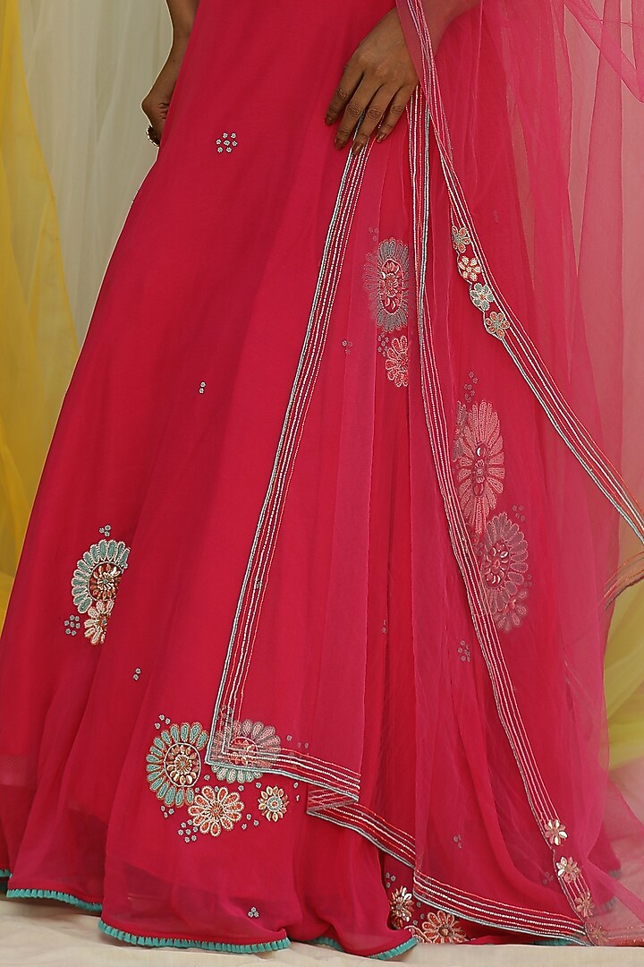 Hot Pink Raw Silk & Georgette Embroidered Wedding Lehenga Set by Nikita at Pernia's Pop Up Shop
