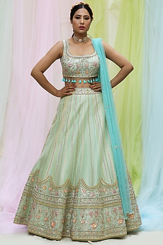Mint Green Raw Silk Embroidered Lehenga Set by Nikita