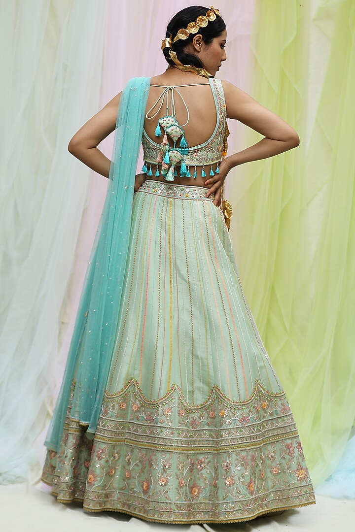 Mint Green Raw Silk Embroidered Wedding Lehenga Set by Nikita at Pernia's Pop Up Shop